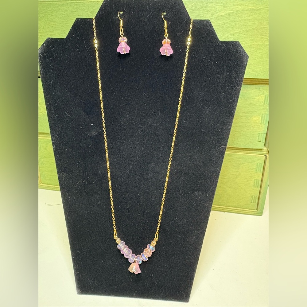 Pink flower necklace and earring set